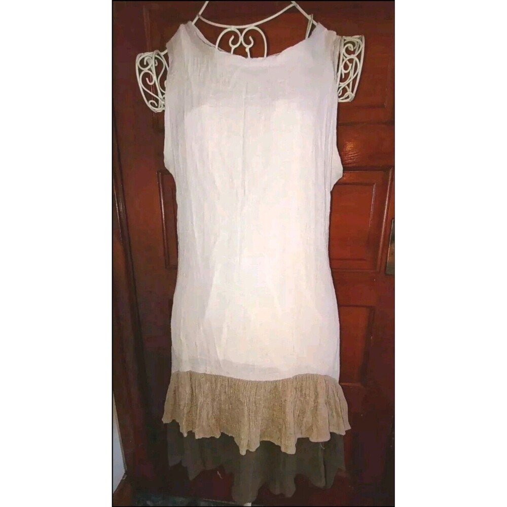 EUC Sz Med Adorn Linen Cream/Brown Ruffle Dress Boho Hippie Lined